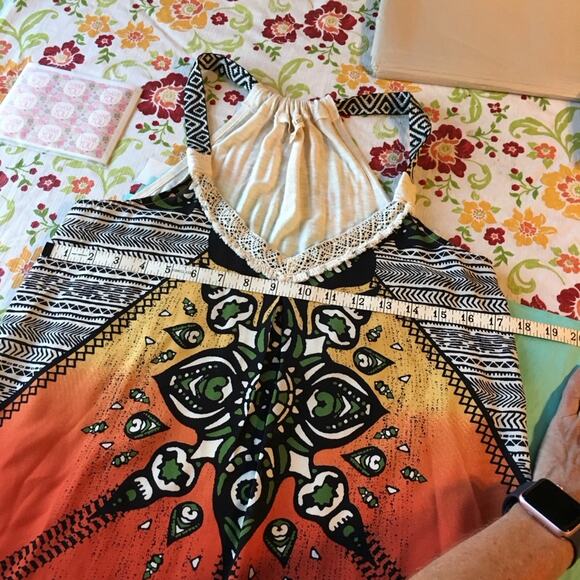 Rewind Tribal Print Macrame Tank Top Orange Ombre Black Tribal Design V Neck - Picture 9 of 16